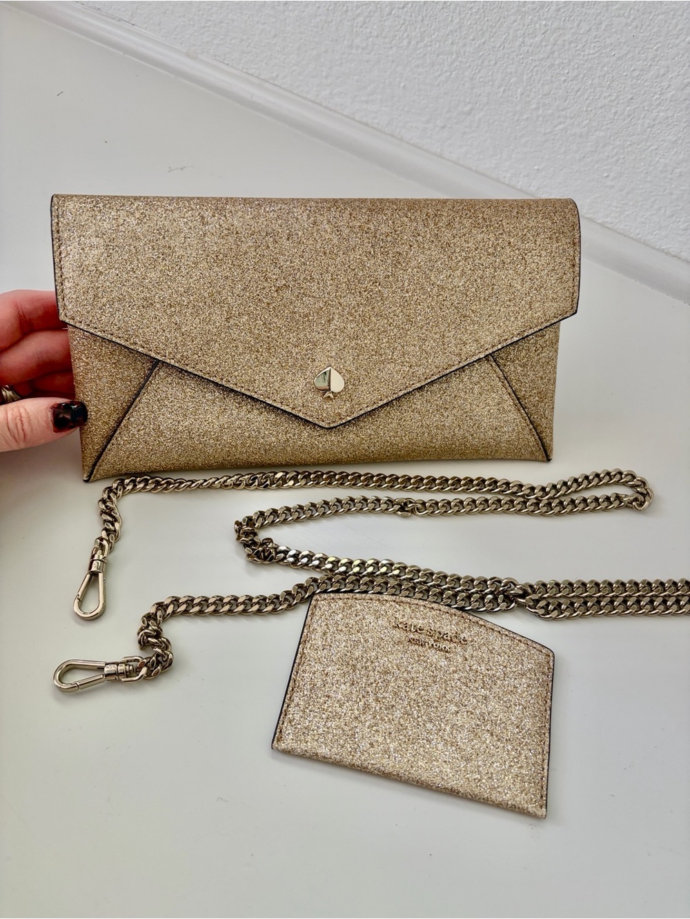 kate spade Metallic Gold Envelope Wallet Crossbody with Chain